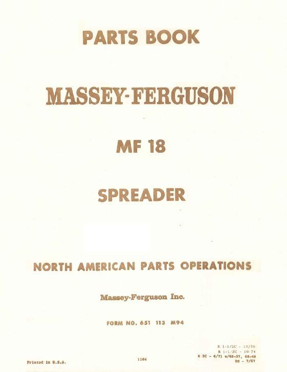 AGCO 18 Manure Spreader Parts Book 651113M94 English