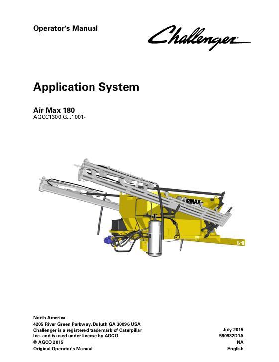 AGCO 180 AirMax RoGator (system, eff sn Gxxx1001, 2016) Operator Manual 590932D1A English