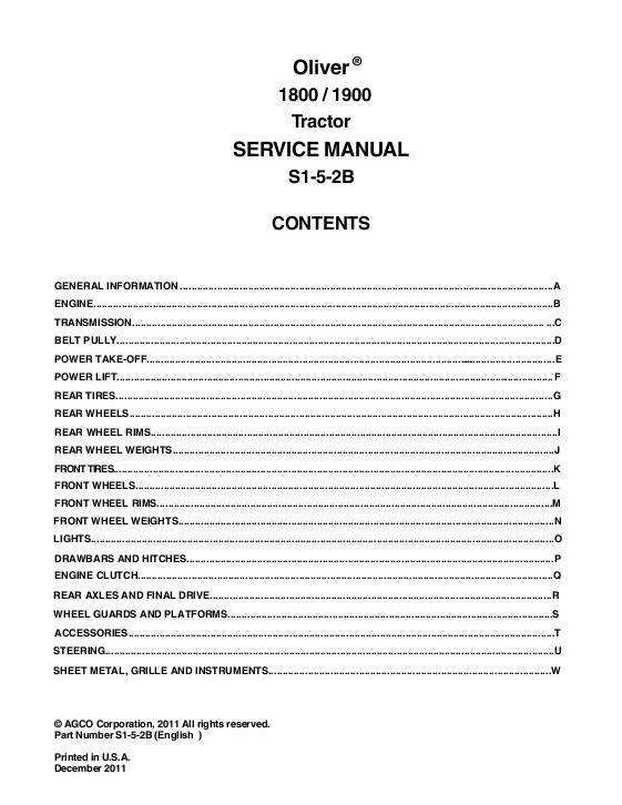 AGCO 1800 1900 Tractor (packet) Service Manual S1-5-2B English