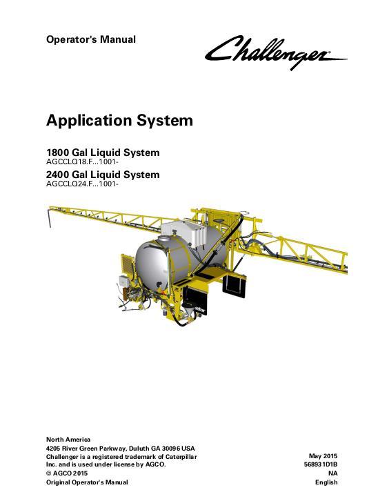 AGCO 1800 2400 Gallon TerraGator (liquid system, eff Fxxx1001, 2015) Operator Manual 568931D1B English