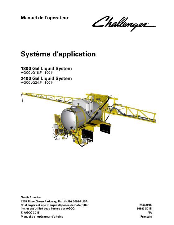 AGCO 1800 2400 Gallon TerraGator (liquid system, eff Fxxx1001) Operator Manual 568932D1B French