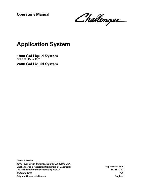 AGCO 1800 2400 Gallon TerraGator (liquid system, eff Kxxx1001, 2019) Operator Manual 603483D1C English