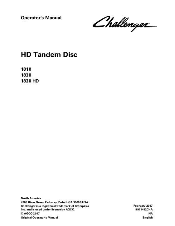 AGCO 1810 1830 1830HD Disc Harrow Operator Manual 9971492CHA English