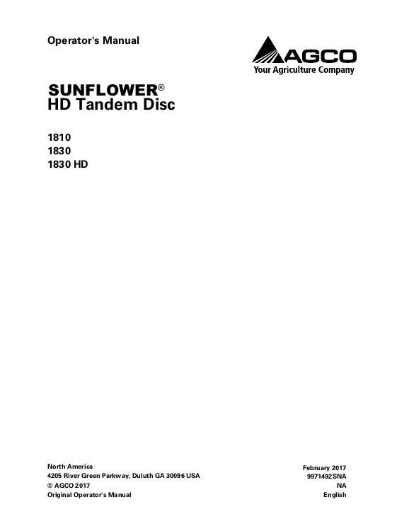 AGCO 1810 1830 1830HD Disc Harrow Operator Manual 9971492SNA English