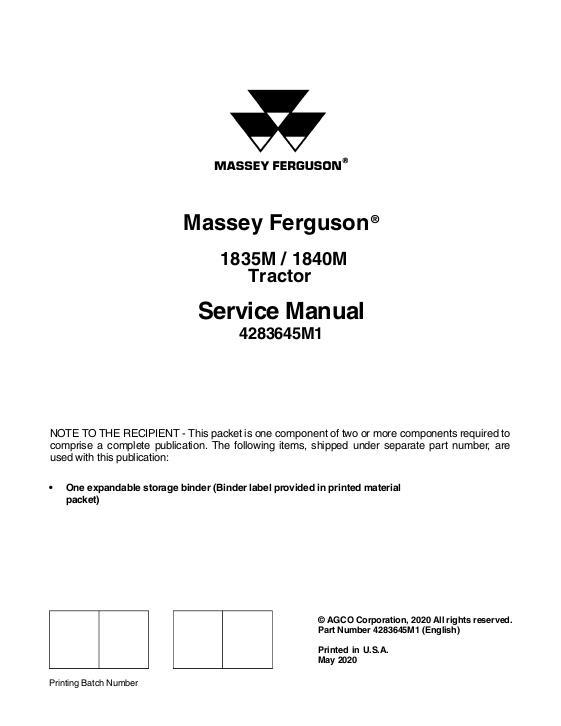 AGCO 1835M 1840M Compact Tractor (packet) Service Manual 4283645M1 English