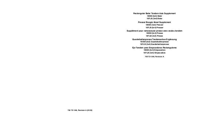 AGCO 185 SII (series 2) 187LB Rectangular Baler (tandem axle supple) Operator Manual 700721046A English