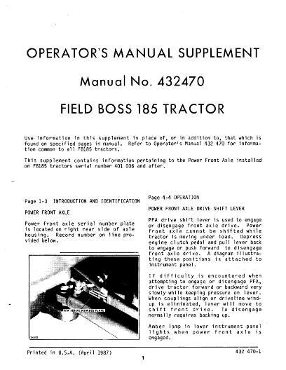 AGCO 185 Tractor (Field Boss supplement) Operator Manual 432470 English