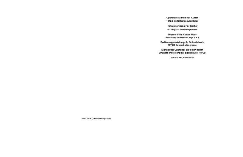 AGCO 185MB 187LB Baler (cutter supplement) Operator Manual 700720257D English