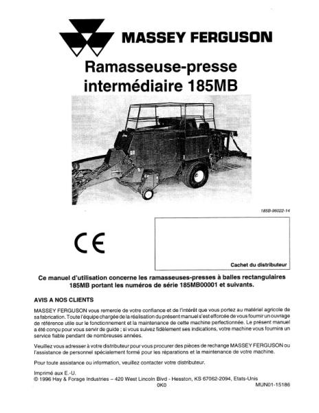 AGCO 185MB Baler (1997, CE) Operator Manual 700715176C French