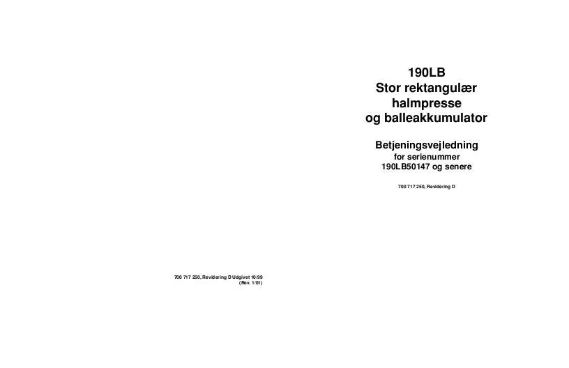 AGCO 190 Baler (eff sn 190LB50147, CE) Operator Manual 700717250D Danish