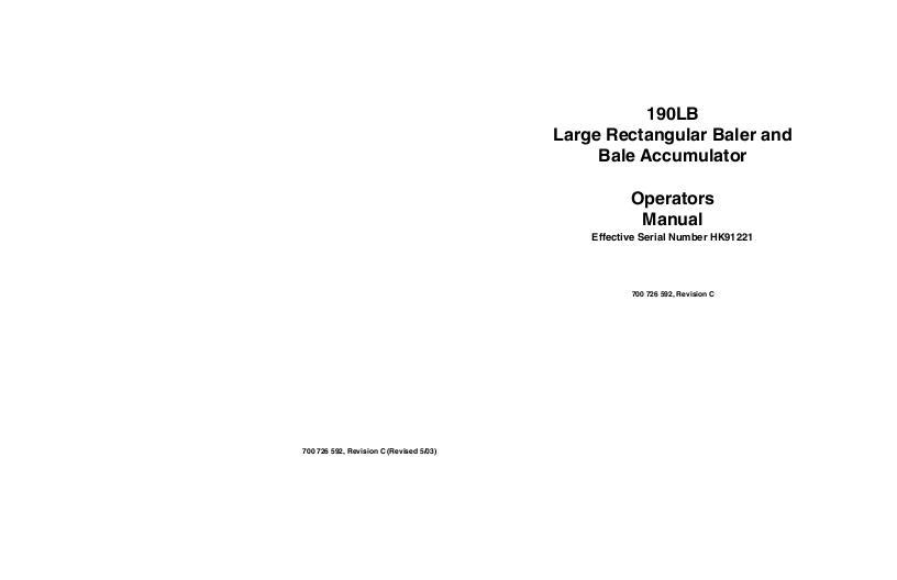 AGCO 190LB Baler (eff sn HK91221 - HN91150, CE) Operator Manual 700726592C English