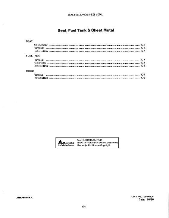 AGCO 1918 1920 Lawn Tractor Seat and Sheet Metal (section) Service Manual 79004695 English