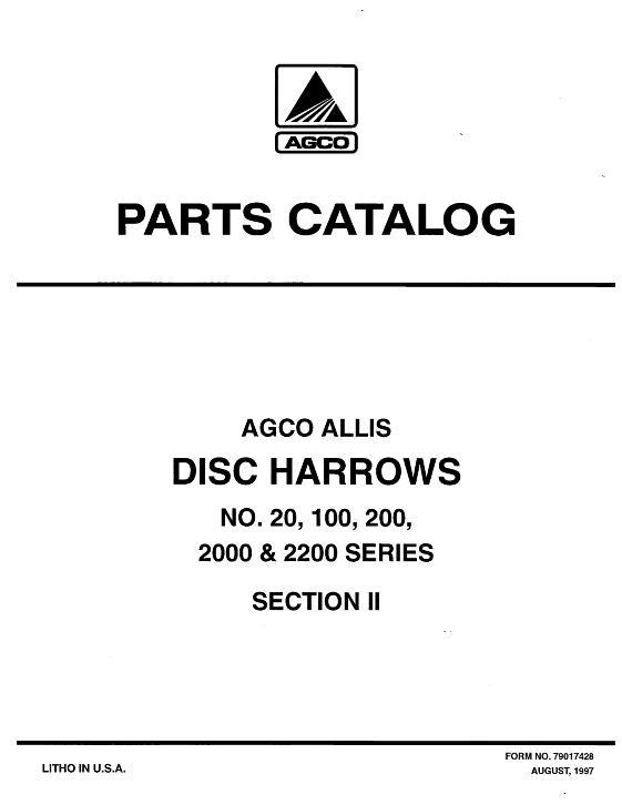 AGCO 20 100 200 2000 2200 Series Disc (8.5, 10, 11, & 12 ft) Parts Book 79017428 English