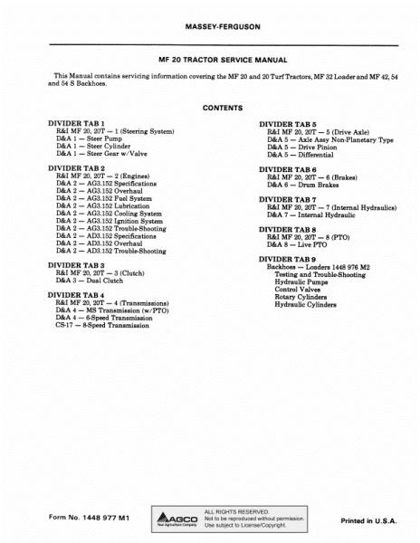 AGCO 20 Turf Utility TL TLB Tractor (packet) Service Manual 1448977M2 English