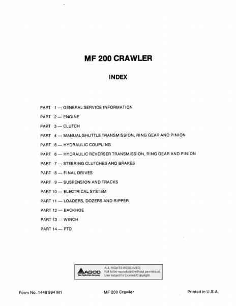 AGCO 200 200B Crawler Crawler Loader (packet) Service Manual 1448994M1 English