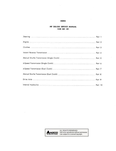 AGCO 203 205 Utility Tractor (packet) Service Manual 1448801M2 English