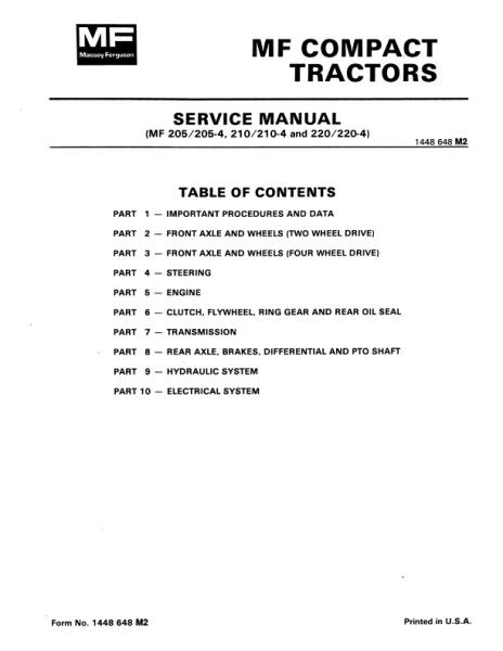 AGCO 205 210 220 Compact Tractor (packet) Service Manual 1448648M2 English
