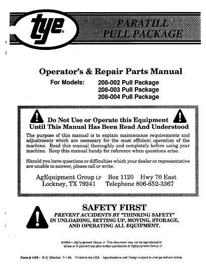 AGCO 208 Series Paratill Subsoiler (pull package) Operator Manual 000-1165R2 English