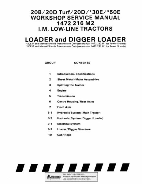 AGCO 20B 20D 30E 50E Tractor (Coventry UK) (packet) Service Manual 1472216M2 English