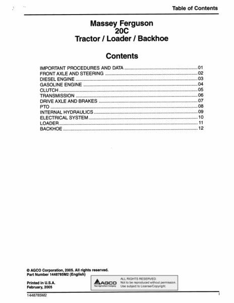 AGCO 20C Tractor Tractor Loader Tractor Loader Backhoe (packet) Service Manual 1448785M2 English