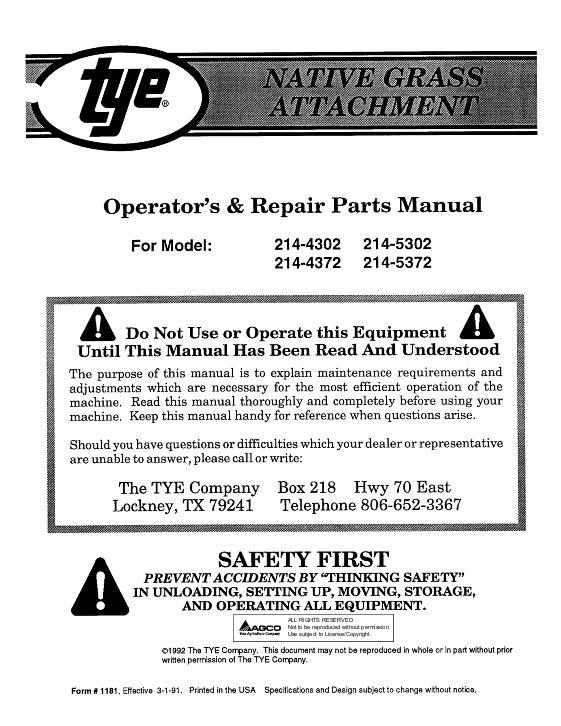 AGCO 214 Series Drill (native grass box attachment, 1991) Operator Manual 000-1181 English
