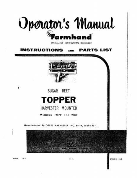 AGCO 217P 218P Beet Topper (harvester mounted, 1962) Operator Manual FS1043562 English