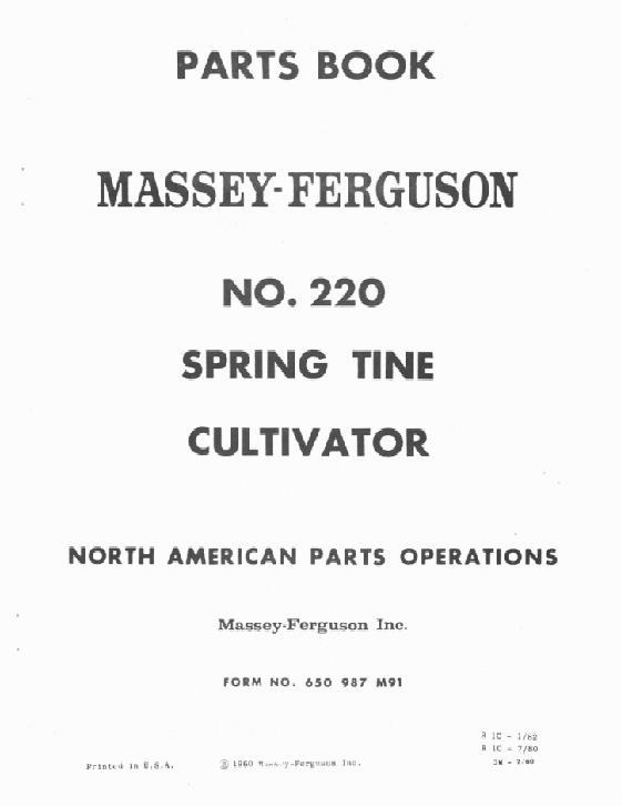 AGCO 220 Cultivator Packer (spring tine) Parts Book 650987M91 English
