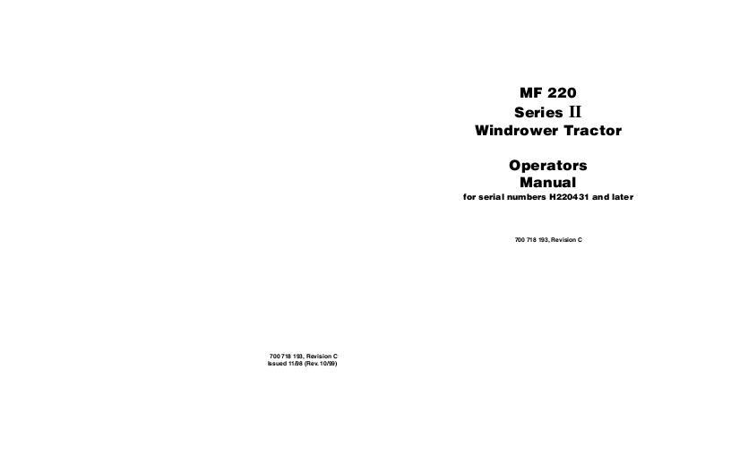 AGCO 220 Windrower Tractor (series 2, eff 1999, sn H220431) Operator Manual 700718193C English