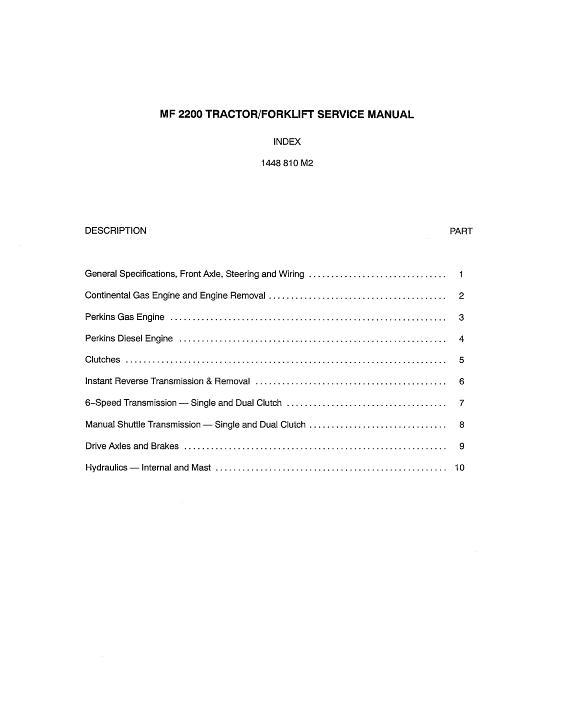 AGCO 2200 Utility Tractor 2200 Forklift (packet) Service Manual 1448810M2 English