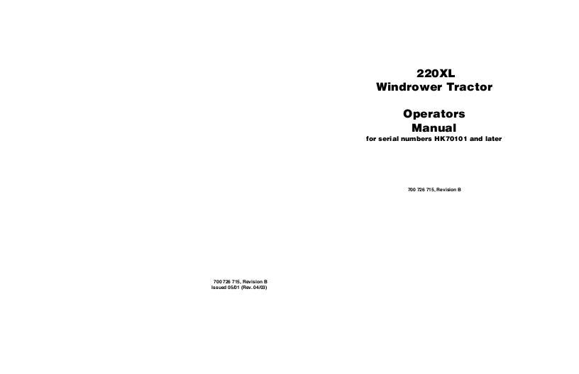 AGCO 220XL Windrower Tractor Operator Manual 700726715B English