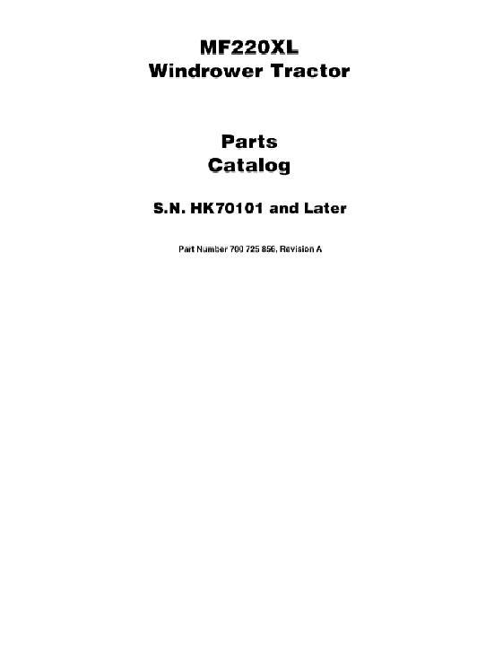 AGCO 220XL Windrower Tractor Parts Book 700725856A English