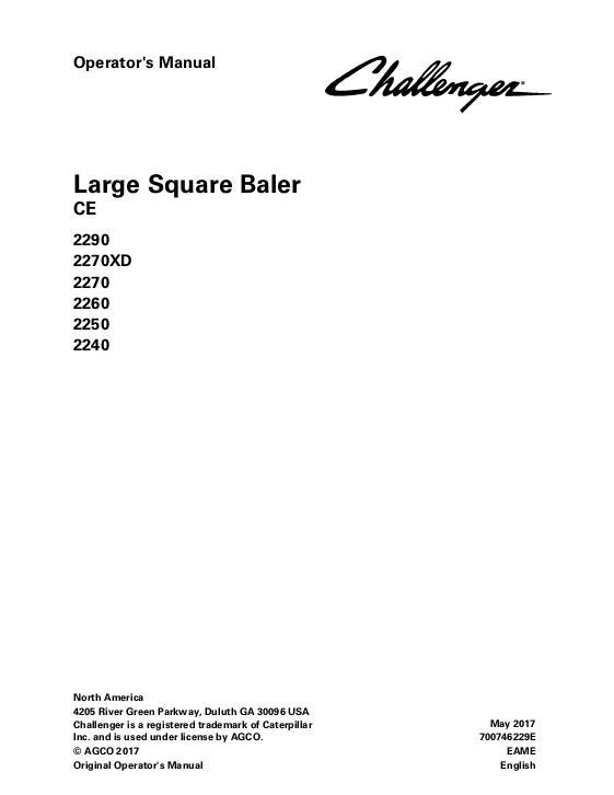 AGCO 2240 2250 2260 2270 2270XD 2290 Baler (CE) Operator Manual 700746229E English