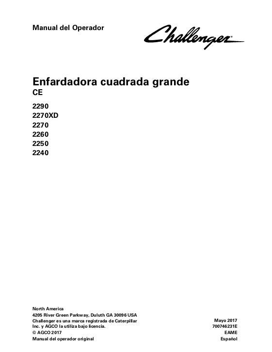 AGCO 2240 2250 2260 2270 2270XD 2290 Baler (CE) Operator Manual 700746231E Spanish