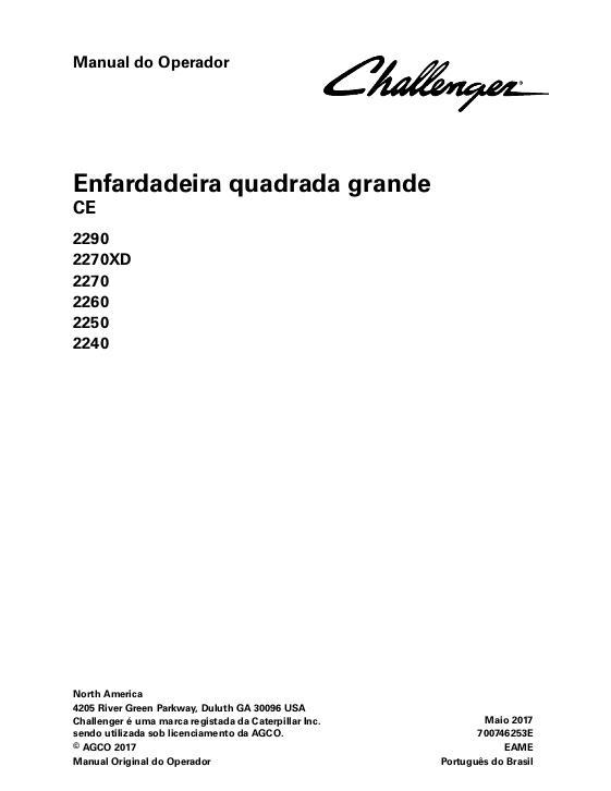 AGCO 2240 2250 2260 2270 2270XD 2290 Baler (CE) Operator Manual 700746253E Portuguese