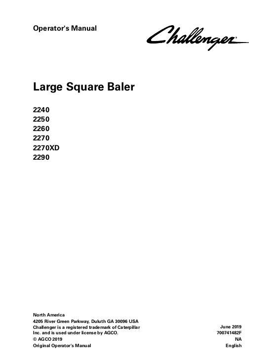 AGCO 2240 2250 2260 2270 2270XD 2290 Baler (non CE) Operator Manual 700741482F English