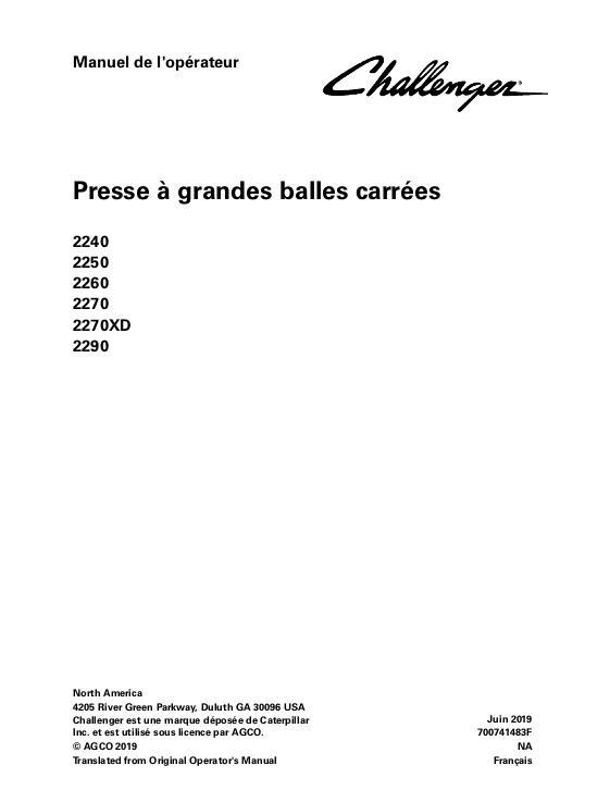 AGCO 2240 2250 2260 2270 2270XD 2290 Baler (non CE) Operator Manual 700741483F French