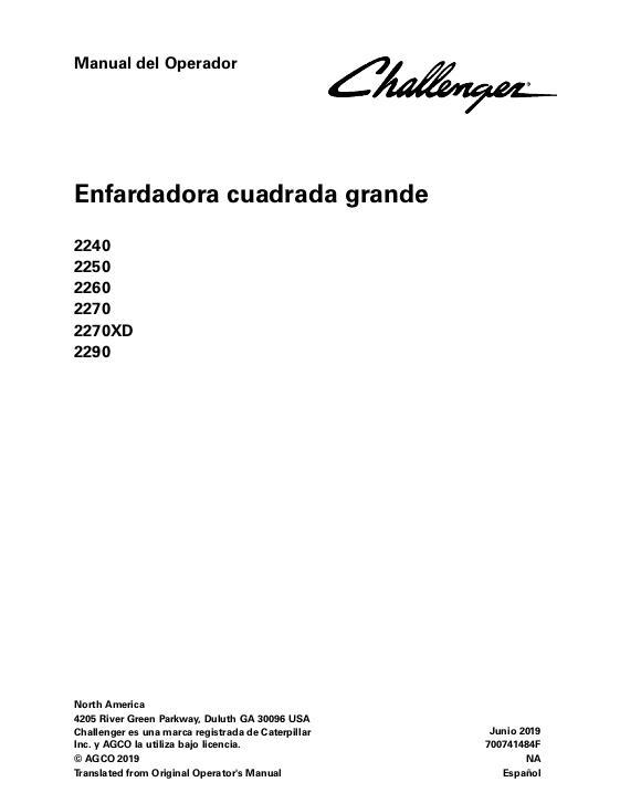 AGCO 2240 2250 2260 2270 2270XD 2290 Baler (non CE) Operator Manual 700741484F Spanish