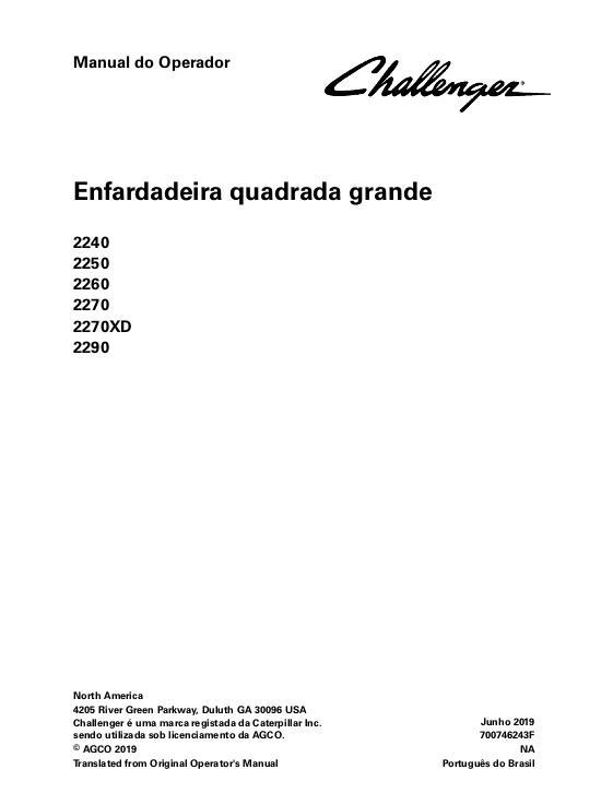 AGCO 2240 2250 2260 2270 2270XD 2290 Baler (non CE) Operator Manual 700746243F Portuguese