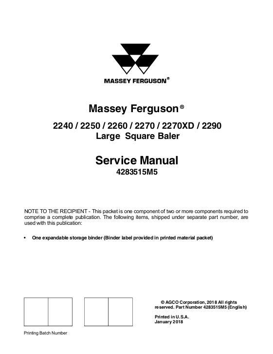 AGCO 2240 2250 2260 2270 2270XD 2290 Baler (packet) Service Manual 4283515M5 English