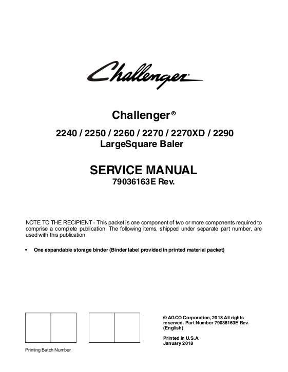 AGCO 2240 2250 2260 2270 2270XD 2290 Baler (packet) Service Manual 79036163E English