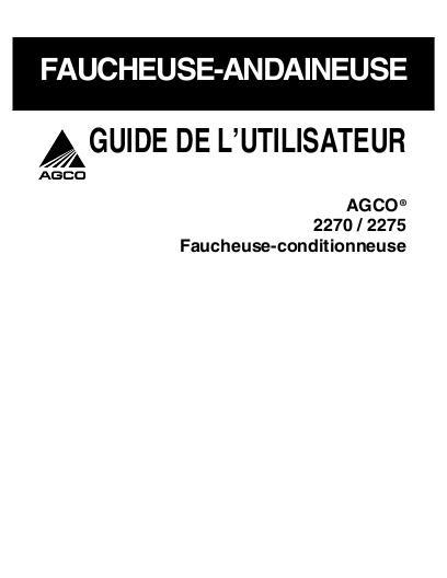 AGCO 2270 Mower Conditioner, 2275 Mower Conditioner Operator Manual 700729522F French