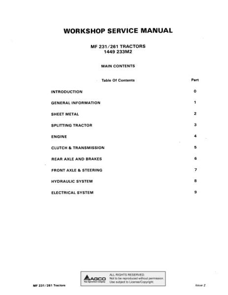 AGCO 231 261 Tractor (packet) Service Manual 1449233M2 English