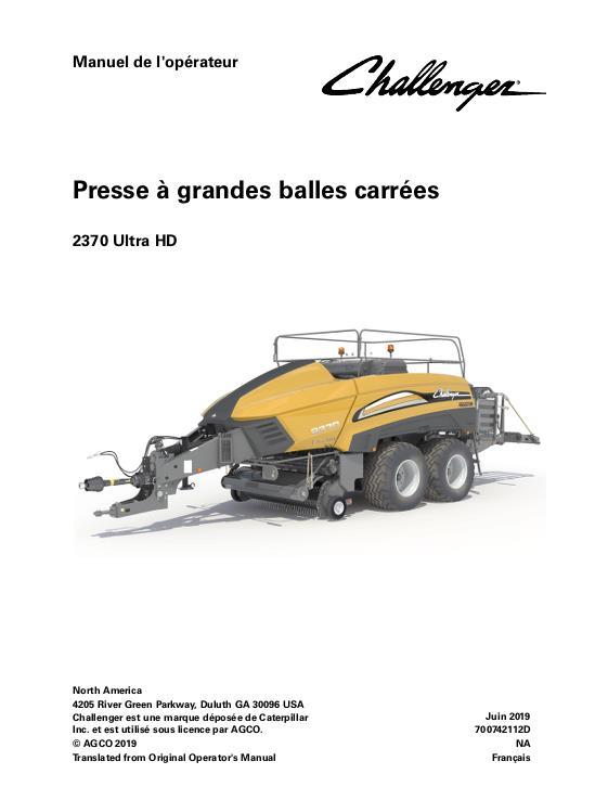 AGCO 2370 Ultra HD Baler (ultra high density) Operator Manual 700742112D French
