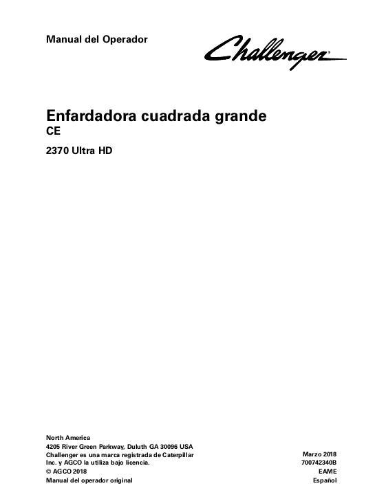 AGCO 2370 Ultra HD Baler (ultra high density) Operator Manual 700742340B Spanish