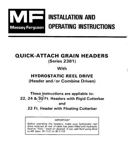 AGCO 2381 Series Grain Headers (22 ft - 30 ft) Operator Manual 1448505M3 English