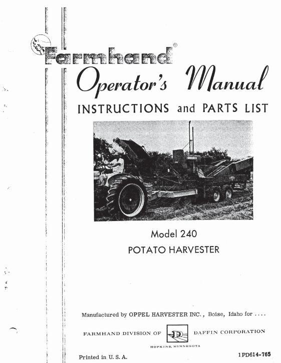 AGCO 240 Potato Harvester (1965) Operator Manual 1PD614765 English