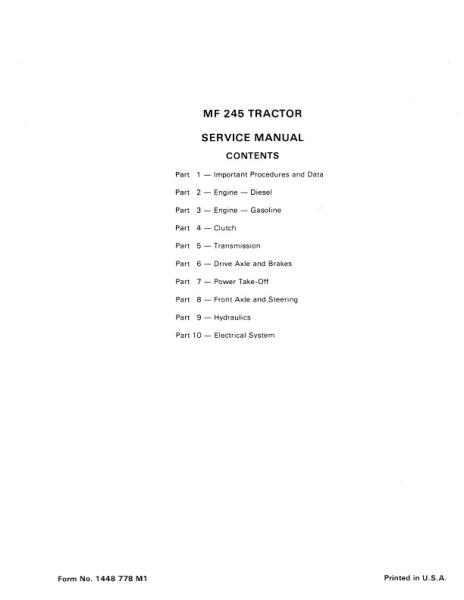 AGCO 245 Tractor (packet) Service Manual 1448778M1 English
