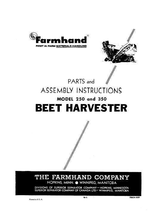 AGCO 250 350 Beet Harvester (1959) Operator Manual FS624859 English
