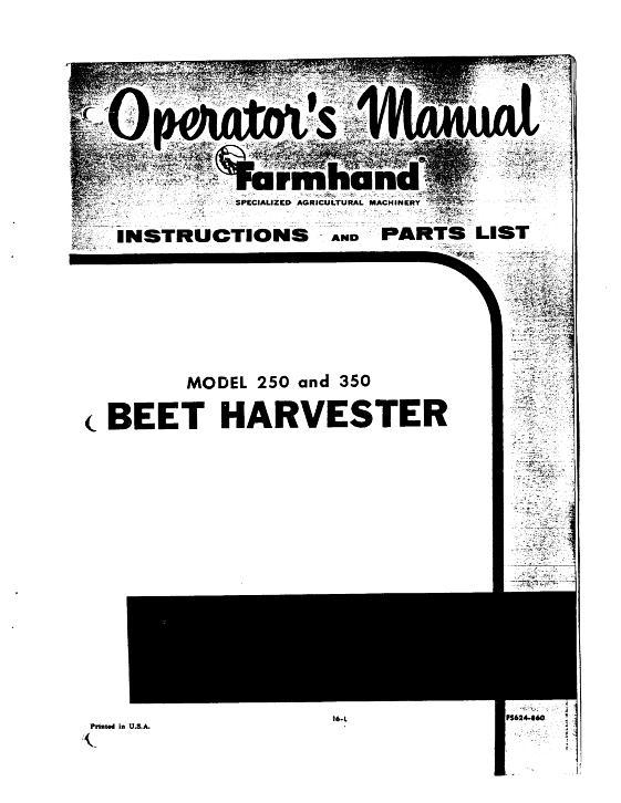 AGCO 250 350 Beet Harvester (1960) Operator Manual FS624860 English