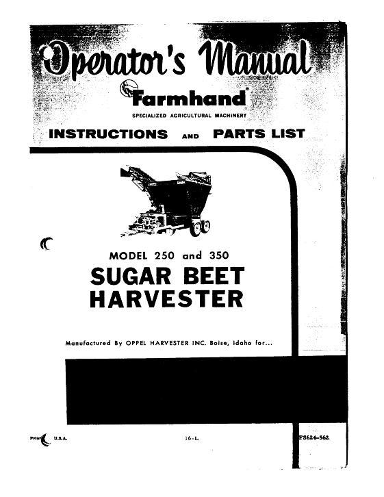 AGCO 250 350 Beet Harvester (1962) Operator Manual FS624562 English